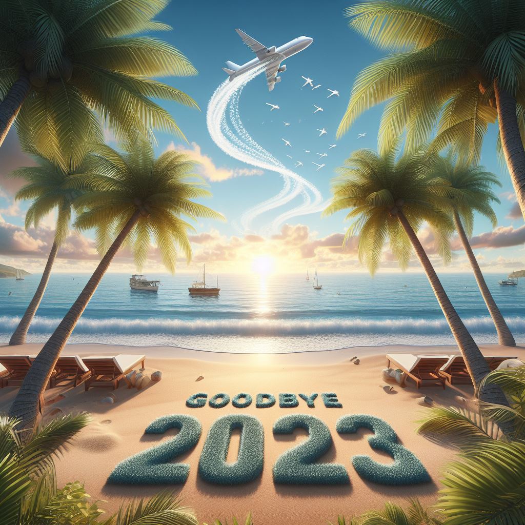 ai. generated image of beach front with palm trees and ocean view with goodbye 2023 written in the sand and a plane flying through the air above